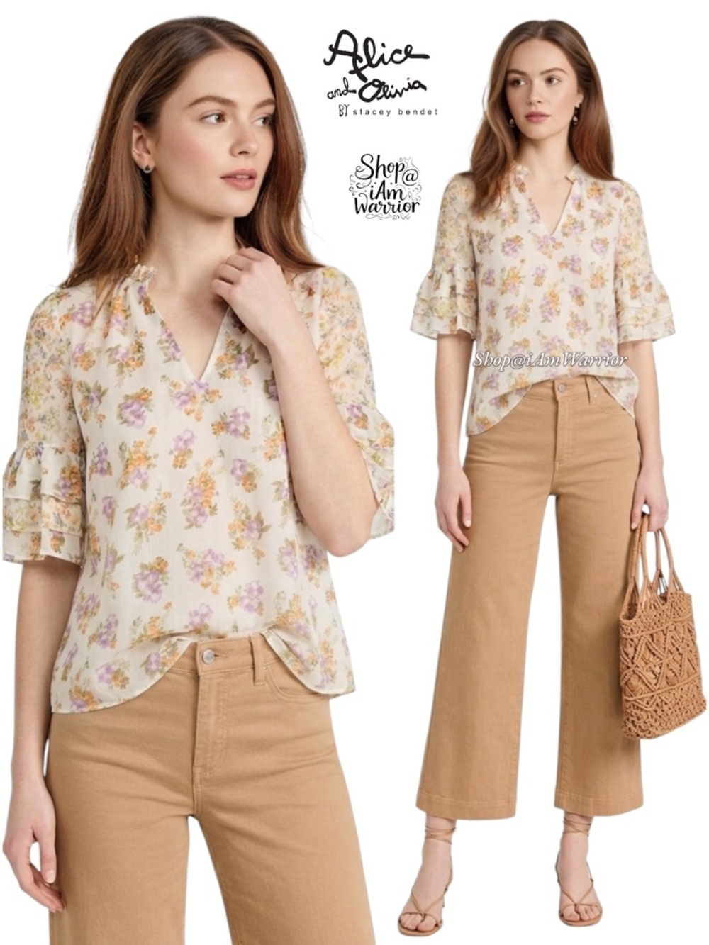 Alice + Olivia floral ruffle sleeve silk voile top *Shop@iAmWarrior